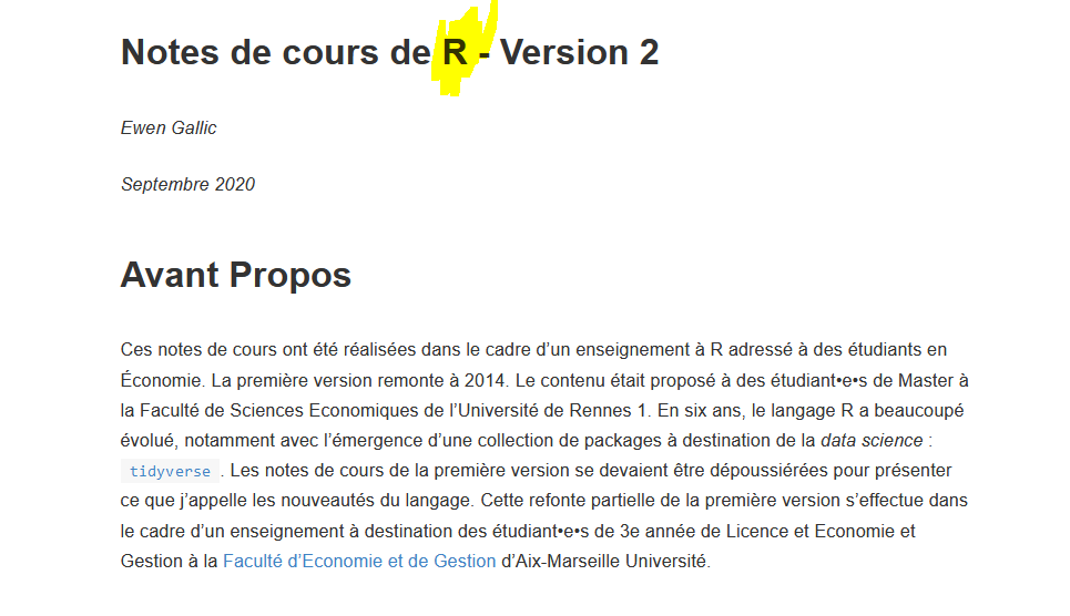 Hi #EconTwitter! 🌐 New to coding in R and willing to get better in French? Don't miss out on this course by Ewen Gallic (@univAMU_Europe)! ☺️ Tailored for beginners, it offers a nice exploration into R, with practical examples and exercises. Like his #python course, this is