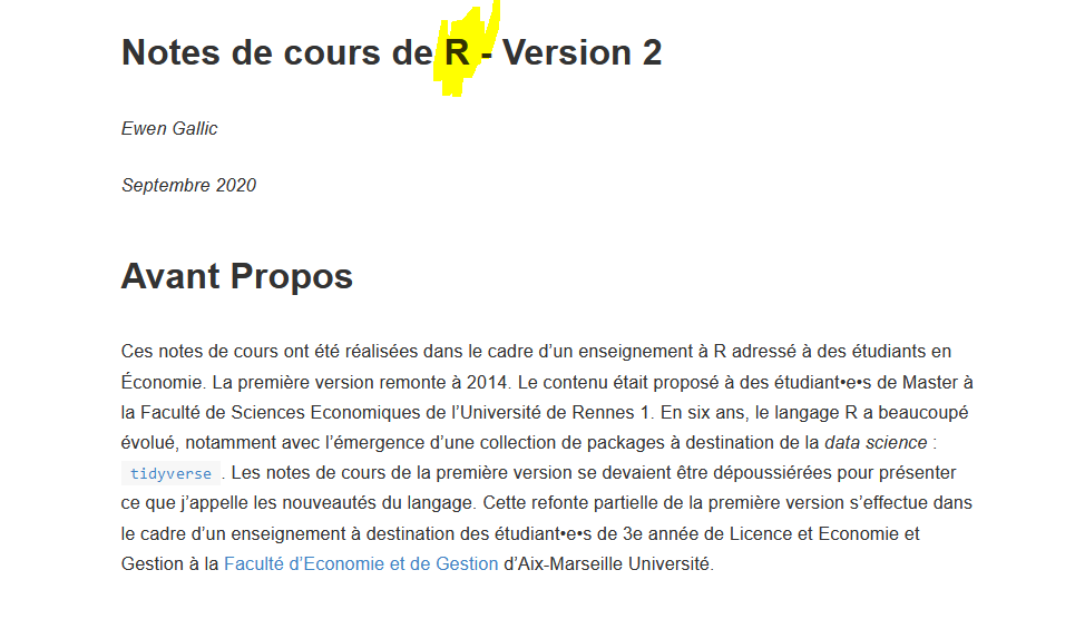 Hi #EconTwitter! 🌐

New to coding in R and willing to get better in French? 

Don't miss out on this course by Ewen Gallic (@univAMU_Europe)! ☺️

Tailored for beginners, it offers a nice exploration into R, with practical examples and exercises.

Like his #python course, this is