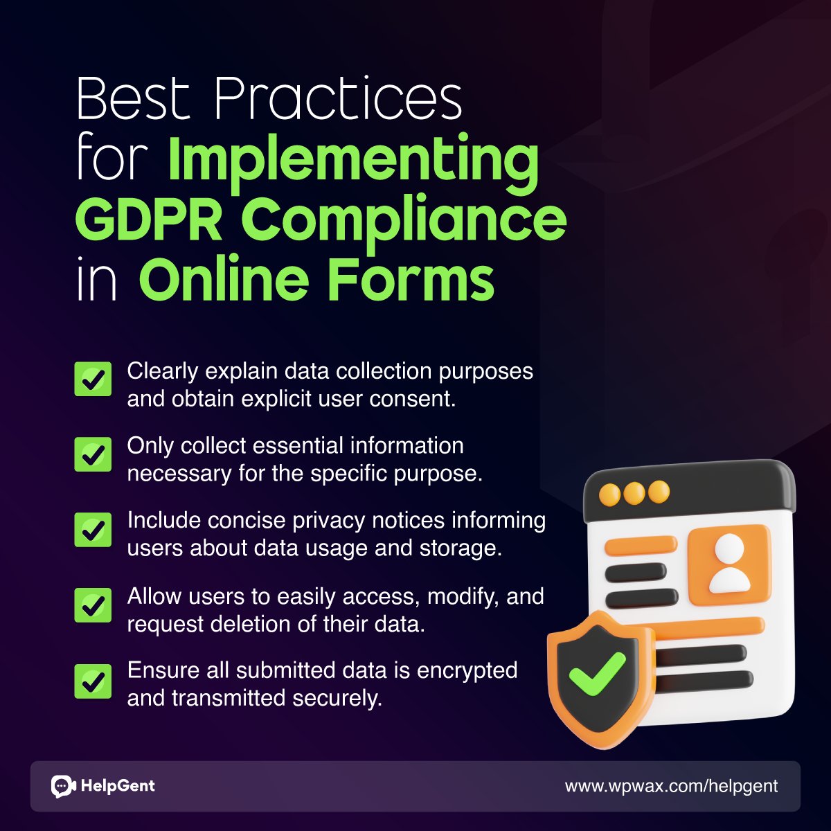 HelpGent's tweet photo. Implementing GDPR in online forms? Start with these 5 essential best practices to safeguard user data.
#onlineforms #formsecurity #gdpr #dataprivacy  #gdprcompliance https://t.co/eopJeg4ehU