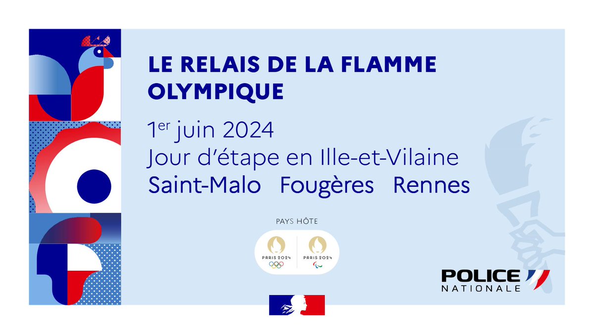 #RelaisDeLaFlamme |
📆Le 1er juin 2024, la #flamme sera en Ille-et-Vilaine!
▶️Retrouvez toutes les infos parcours, circulation, stationnement pour @VilleSaintMalo, @FougeresAgglo et @metropolerennes ⤵️
masecurite.interieur.gouv.fr/fr/fiches-prat…
#JOP2024
@bretagnegouv 
@PoliceNationale