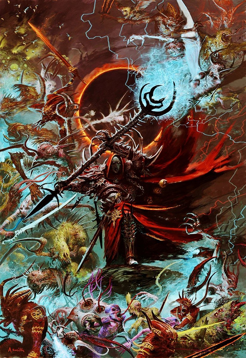 Warhammer Fantasy cover paintings by great Adrian Smith. Chaos Lord of  Khorne and his warband of Chosen, for the Warriors of Chaos 7th ed. book.  Chaos Sorcerer opening an Infernal Gateway, a