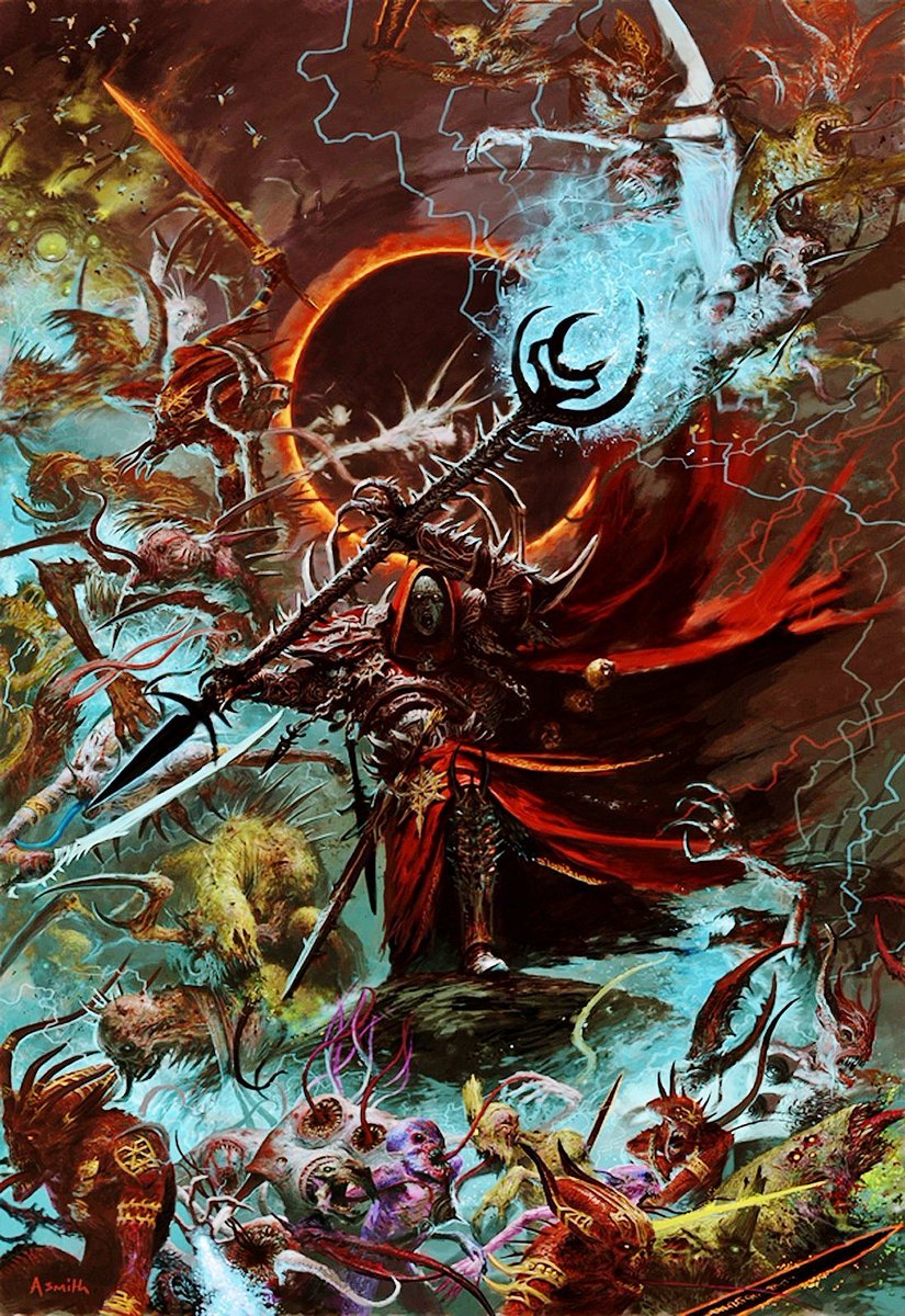 Warhammer Fantasy cover paintings by great Adrian Smith. Chaos Lord of Khorne and his warband of Chosen, for the Warriors of Chaos 7th ed. book. Chaos Sorcerer opening an Infernal Gateway, a tear in the mortal plane to the Realm of Chaos, for the Storm of Magic 8th ed. book.