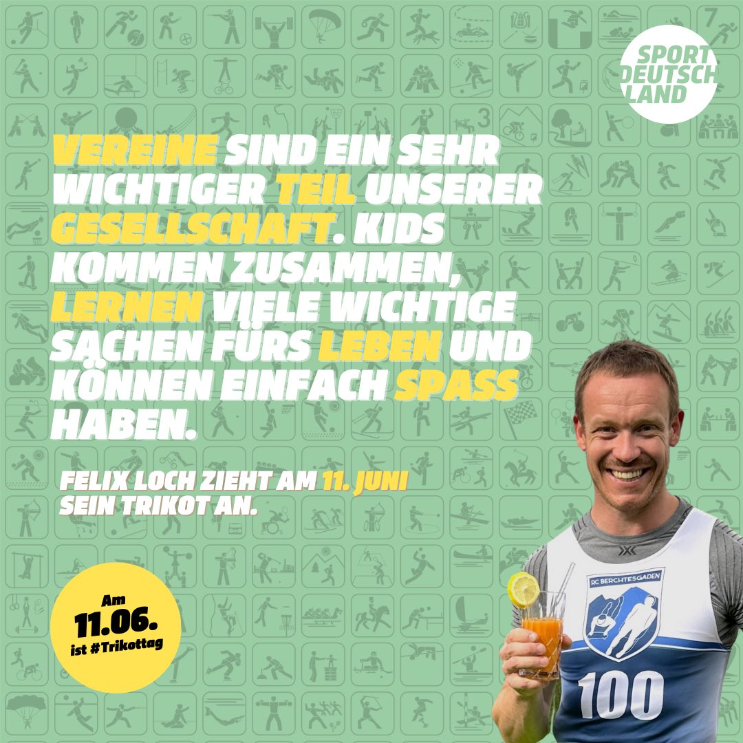 <a href="/FelixLoch/">Felix Loch</a> zieht am 11. Juni sein Trikot an 😍👏

Der Olympiasieger im Rennrodeln macht den Tag zum #Trikottag und ruft als jahrelanges Vereinsmitglied beim Rodelclub Berchtesgaden alle dazu auf, Werbung für ihren Verein zu machen. 

➡️ dosb.de/sonderseiten/n…