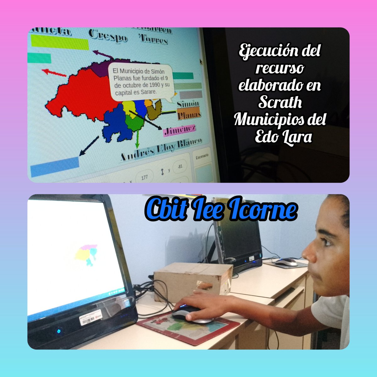 #27Mayo #LasCallesSonDelPueblo    Estudiantes del IEE Icorne aprenden con Scrath  los municipios del estado Lara de forma divertida 
<a href="/NicolasMaduro/">Nicolás Maduro</a> 
@MPPEDUCACION 
<a href="/_LaAvanzadora/">Yelitze Santaella</a> 
<a href="/Fundabit_/">FundabitOficial</a> 
<a href="/leivi24/">Leivi/Oceanía</a> 
<a href="/EleamerAbdala/">Eleamer Elkatrib</a> 
<a href="/Dimary08/">D!mary_Anzola</a>