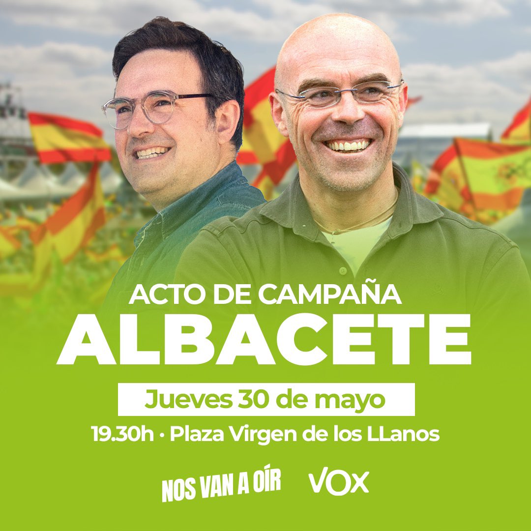 Nos vemos en #Albacete 📆 Jueves 30 de mayo 📍 Plaza Virgen de los Llanos 🕢 19.30h Con @pedronarrow y @DavidMoreno___