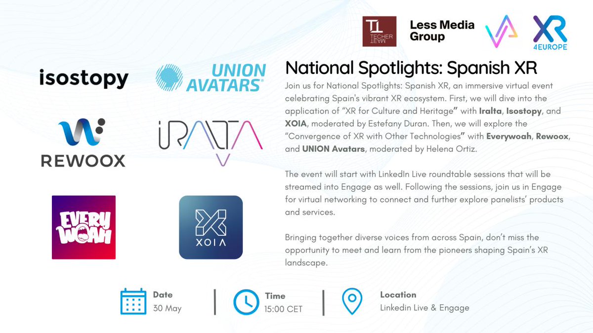 🌍¡Primer evento National Spotlights! Este jueves 30 a las 15h te esperamos en LinkedIn Live y en ENGAGE XR Dos mesas redondas en inglés sobre Cultura y Patrimonio, y la Convergencia de la XR con otras tecnologías + networking inmersivo. 👉¡Inscríbete! linkedin.com/events/nationa…