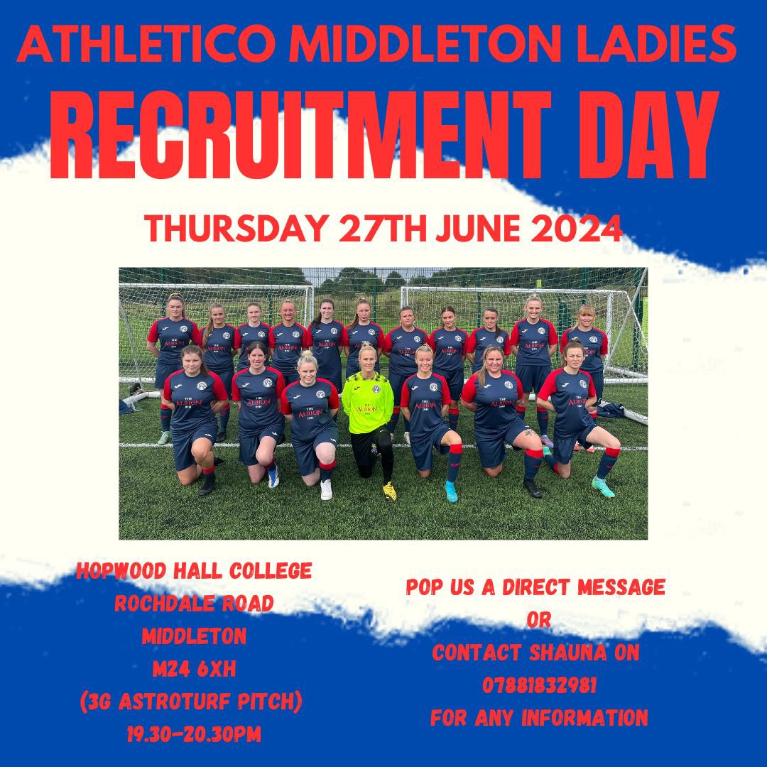 Am19Ladies's tweet photo. Were on the look out to strengthen our team for the upcoming season playing in the GMWL premier division 
Training Thursday night
Matches Sunday afternoon @WoSoRecruitment @PTeamfinder @GMWFL2011 @Manchester_FA @Teamgrassroots_ https://t.co/Y1q6xn7Cy5