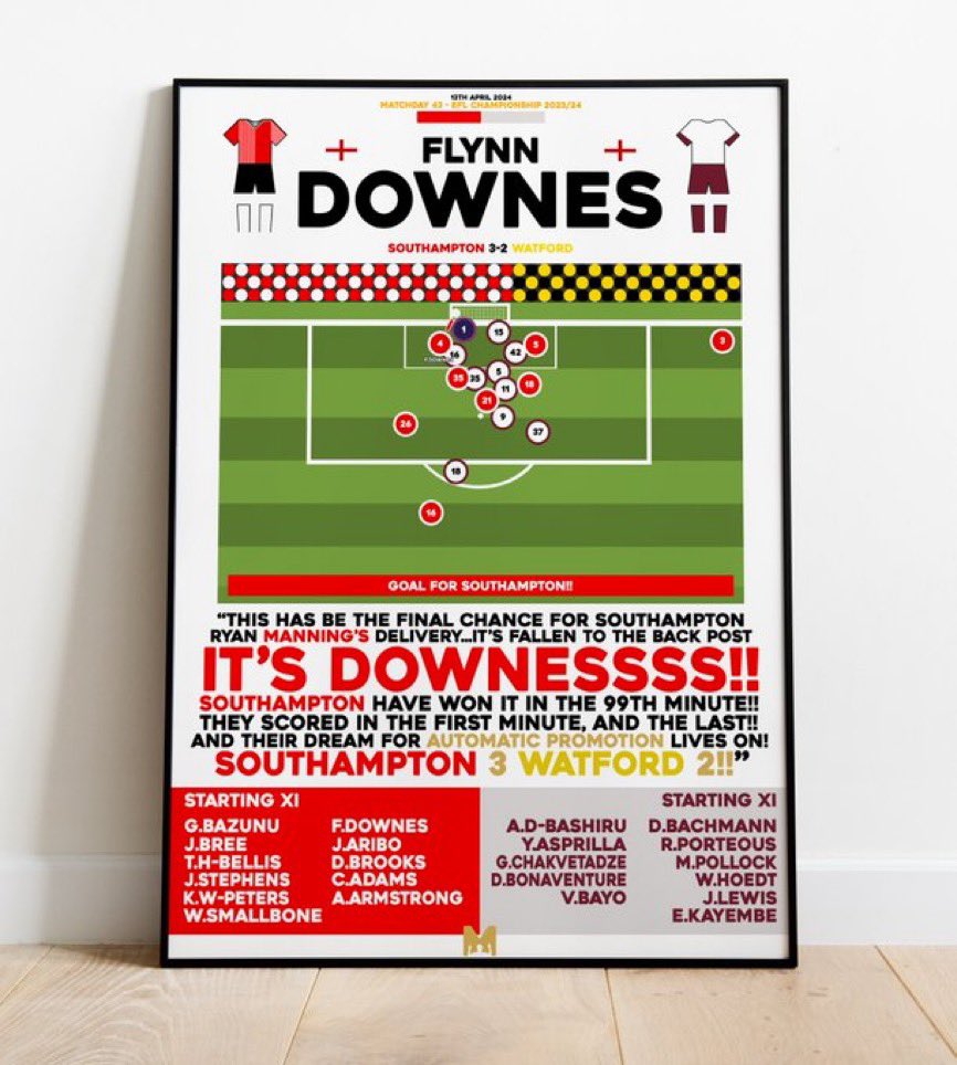 SaintRob__'s tweet photo. 🔴FRAMED PRINT GIVEAWAY⚪️

To celebrate Saints Promotion to the Premier League, I’ve partnered with @MezzalaDesigns to giveaway Framed Prints of some iconic moments in our 2023/24 Season😇

To enter: 
🔄RT
🤝Follow @SaintRob__ &amp; @MezzalaDesigns 
🏷️Tag a Friend 

#SaintsFC https://t.co/X4ZR8VKP53