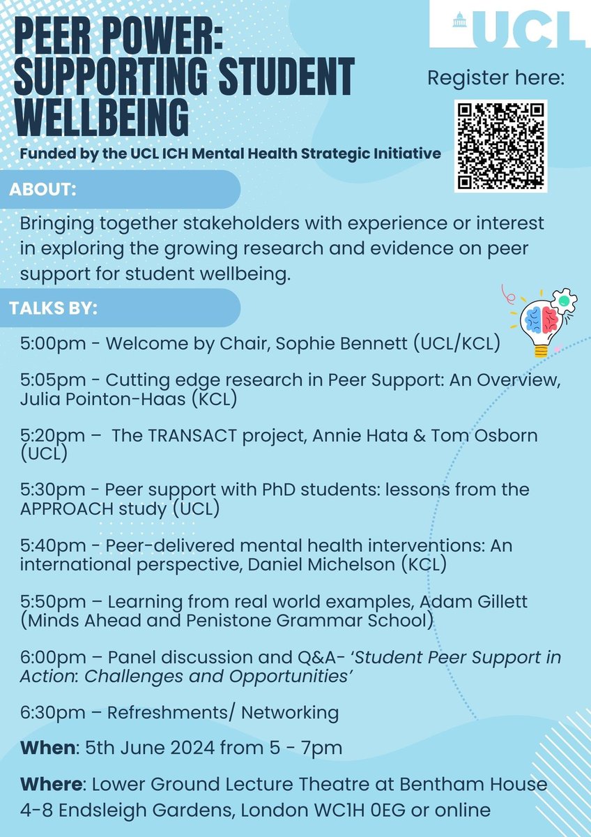 I’m excited to speak at the @ucl ‘Peer Power: Supporting Student Wellbeing’ event!’ Happening on 5 June from 5-7pm. If you want to hear about my @KingsIoPPN @lissdtp PhD research, join us online or in person! tinyurl.com/u5wmakeu