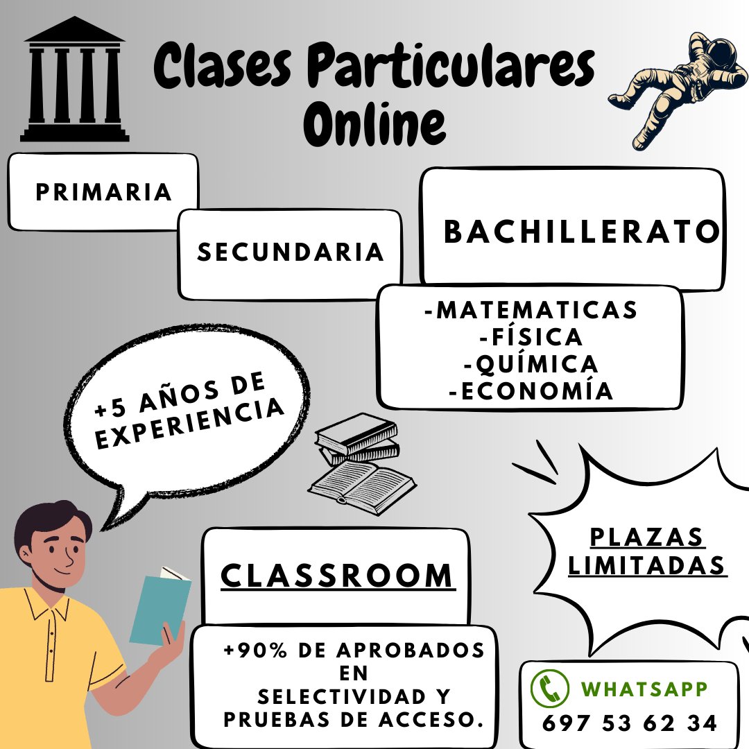 EducaVirtual's tweet image. +5 años enseñando 🏫 | Clases de matemáticas, economía, física y química 📚 | Primaria, secundaria y bachillerato 📈 | +90% aprobados en selectividad y pruebas de acceso 🎓 | Online con Google Classroom 📲 | Clases grupales e individuales
