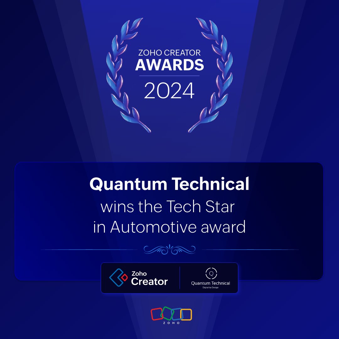 Congratulations Quantum Technical! Quantum Technical is an automotive company that uses Zoho Creator's platform to provide front-end solutions that are secure for their customers and end-users. #Automotives #ZohoCreatorAwards #LowCode @ZohoUK