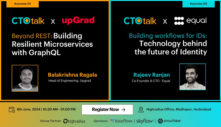 thectotalk's tweet photo. Hyderabad Techies!! Have you all registered yet for this not just one but two deepdive tech keynotes?

Discover the Behind the scenes of building the #tech, @upGrad_edu &amp; @equaldotin

Register now at https://t.co/tXb2edjFHc

#CTOtalk #techtalk #technology #engineering #edtech https://t.co/ZijvuG8h7r