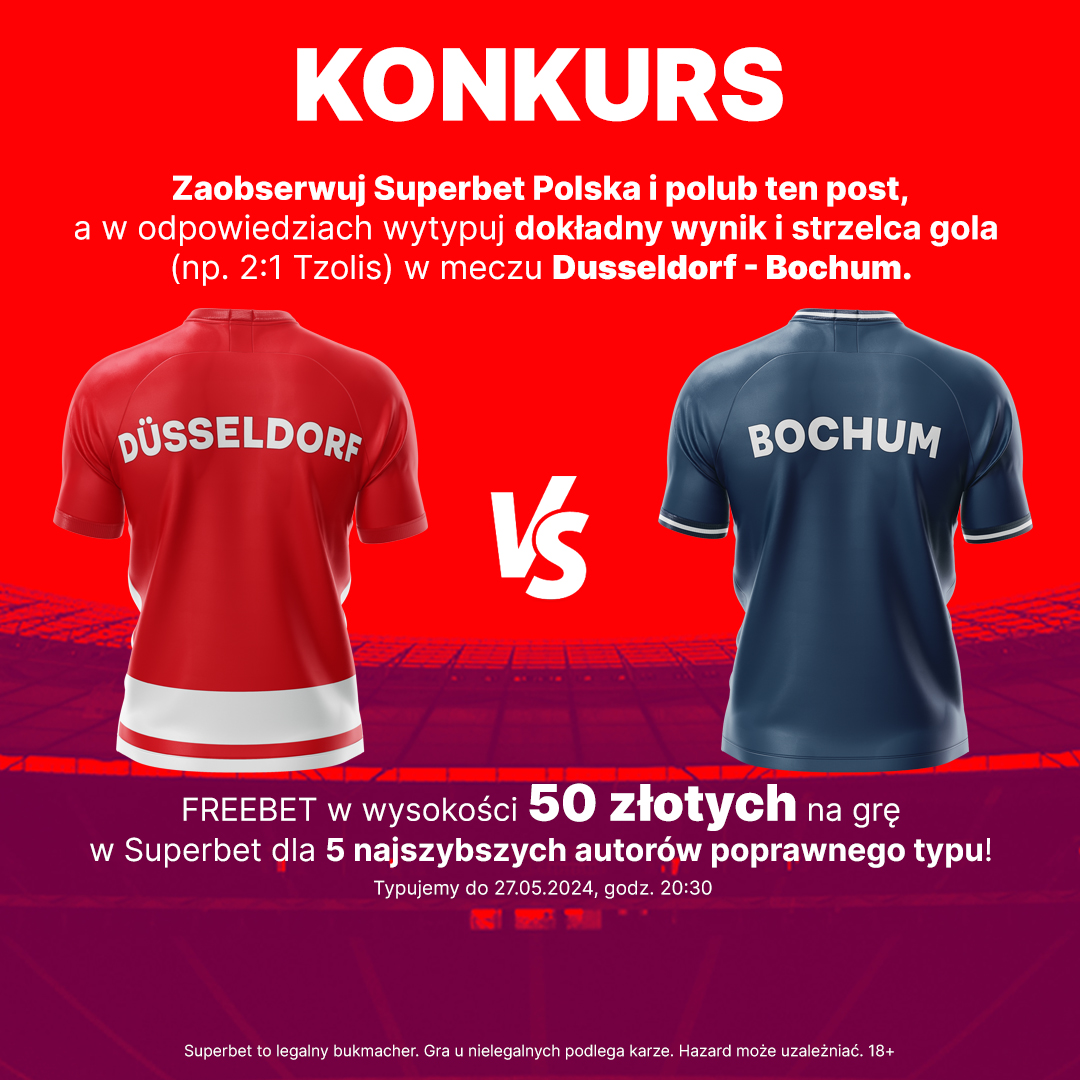 #KONKURS! Typujemy dokładny wynik (w regulaminowym czasie bez dogrywki) oraz strzelca gola ⚽️ w meczu Fortuna Dusseldorf - VfL Bochum

---
✅ Zaobserwuj @SuperbetPL

❤️ Polub i daj RT 🔁
👤 Dodaj nick z Superbet
🎁 Nagroda - freebet 50 PLN💰

#Bundesliga #BOCF95