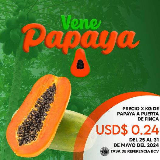 Precio sugerido por kilogramo de Papaya a puerta de finca para el período del 25 al 31 de mayo de 2024

Fuente: VENEPAPAYA

#Venezuela #Agricultura #Papaya #Precio #Venepapaya #AgroEconomía #CampoCafeCiudad