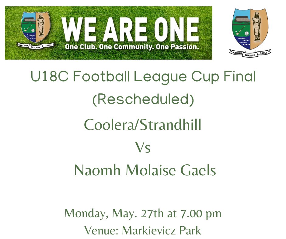 This evening, Monday, our U18 C Boys take on Coolera/Strandhill Gaa in the rescheduled final of the @sligogaa U18C Football League in Markievicz Park. There is no admission charge. Best of luck to the lads and management #WeAreOne #MolaiseAbú 🇳🇬🇳🇬