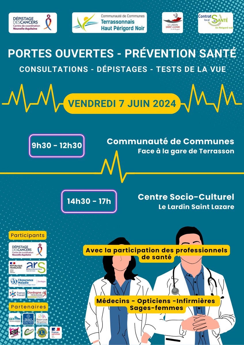 #PRÉVENTION
La  CPAM de la Dordogne tiendra son stand avec ses "Ambassadeurs  Prévention" pour la journée de Prévention Santé le 07 juin  2024 au siège de la Communauté de Communes Terrassonnais
Voir le détail de la journée ici 👉facebook.com/CCTHPN
