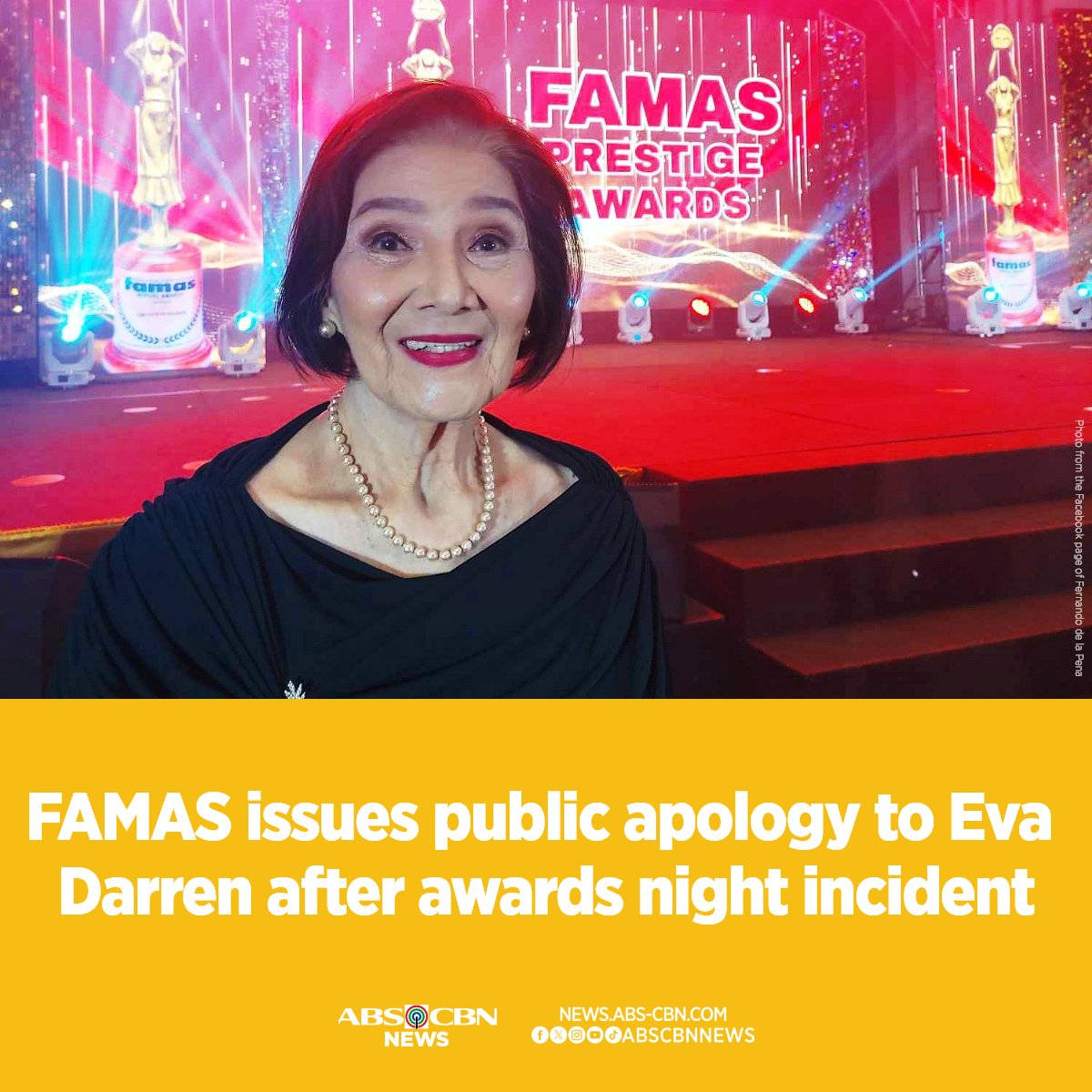 FAMAS issued a public apology to veteran actress Eva Darren. Darren was invited to present an award for this year's ceremony but she was never called on stage. The award-giving body claimed that the incident was an unintentional oversight due to the production team being unable