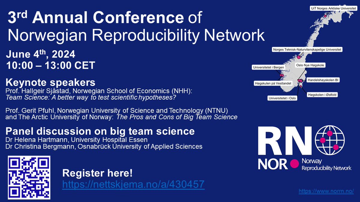 The Norwegian Reproducibility Network (NORRN) (@norrepro) on Twitter photo The 3rd #NORRN conference is next week June 4th 🗓️ and we will be discussing big team science with our fantastic keynote speakers and panelists! <a href="/helenahhartmann/">Dr. Helena Hartmann</a> <a href="/chbergma/">Dr. Christina Bergmann - Skies are blue...</a> <a href="/H_Sjastad/">Hallgeir Sjåstad</a> <a href="/Gerit_Pfuhl/">Gerit Pfuhl</a> #OpenScience #OpenResearch #Reproducibility
Open to all 🙌🏻 nettskjema.no/a/430457 The 3rd #NORRN conference is next week June 4th 🗓️ and we will be discussing big team science with our fantastic keynote speakers and panelists! <a href="/helenahhartmann/">Dr. Helena Hartmann</a> <a href="/chbergma/">Dr. Christina Bergmann - Skies are blue...</a> <a href="/H_Sjastad/">Hallgeir Sjåstad</a> <a href="/Gerit_Pfuhl/">Gerit Pfuhl</a> #OpenScience #OpenResearch #Reproducibility
Open to all 🙌🏻 nettskjema.no/a/430457