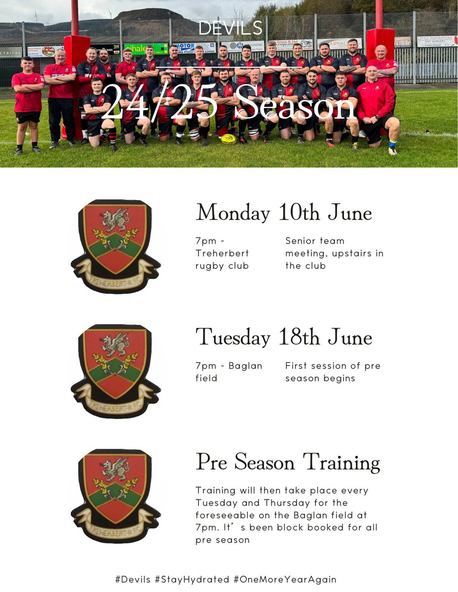 🚨24/25 Season🚨

Below is the start date for the 24/25 season. 

This year marks the clubs 150th anniversary so there will be lots going on on and off the field this year so a great year to be involved with us 

If you have any questions feel free to give us a message 

#Devils