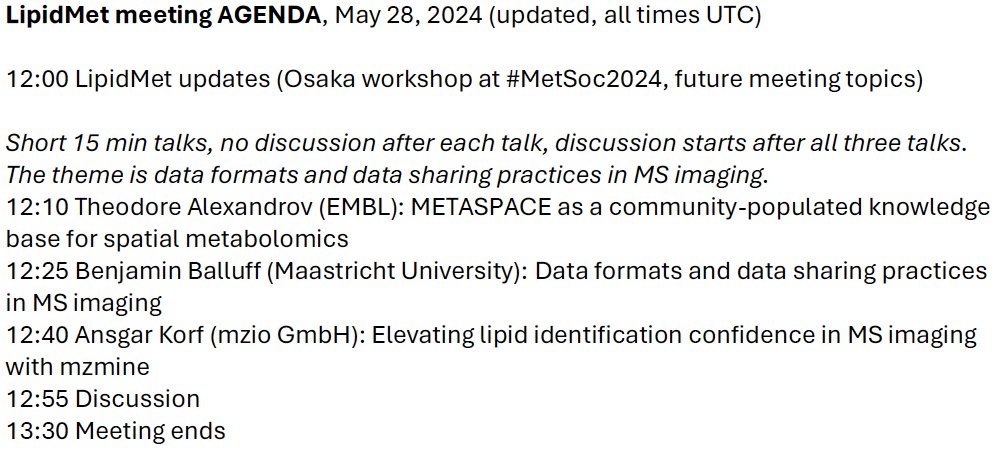 Matej Oresic (@matejoresic) on Twitter photo Updated program for the #LipidMet meeting tomorrow at noon UTC.
Meeting link: oru-se.zoom.us/j/67980744411?…
<a href="/thalexandrov/">Theodore Alexandrov</a> <a href="/AnsgarKorf/">Ansgar Korf</a> <a href="/lipidmaps/">LIPID MAPS</a> <a href="/MaruMongeCIBION/">María Eugenia Monge</a> <a href="/FedorovaLab/">Maria Fedorova</a>
#lipidomics #metabolomics #MSimaging Updated program for the #LipidMet meeting tomorrow at noon UTC.
Meeting link: oru-se.zoom.us/j/67980744411?…
<a href="/thalexandrov/">Theodore Alexandrov</a> <a href="/AnsgarKorf/">Ansgar Korf</a> <a href="/lipidmaps/">LIPID MAPS</a> <a href="/MaruMongeCIBION/">María Eugenia Monge</a> <a href="/FedorovaLab/">Maria Fedorova</a>
#lipidomics #metabolomics #MSimaging