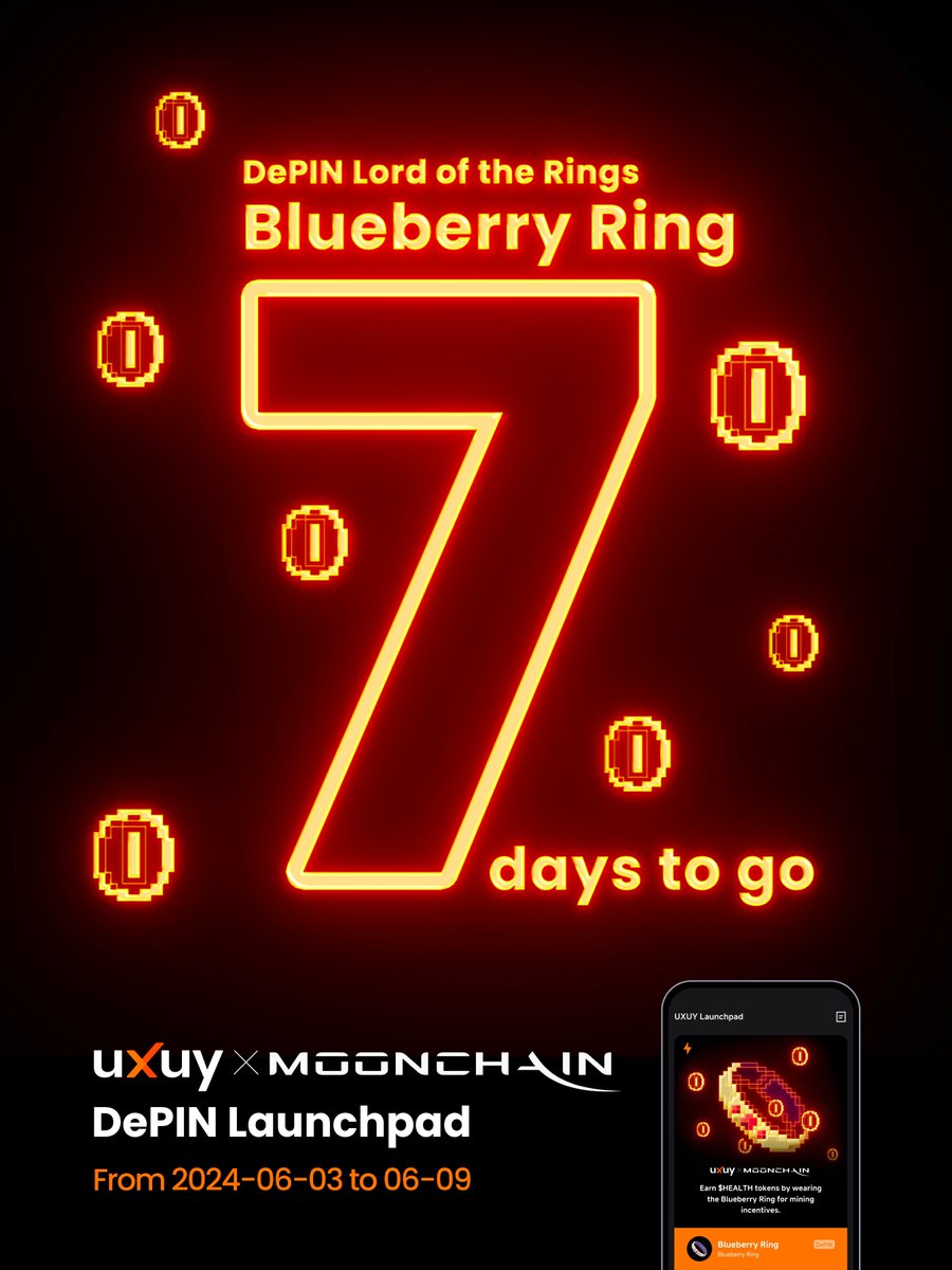 ⏰ Just 7 days to go! Get ready for the joint launch of the Blueberry Ring by UXUY & @Moonchain_com! Transform your wellness journey with cutting-edge tech and blockchain rewards. 🧡 Stay tuned! 🔗 uxuy.com/download?utm_s… #DePIN #HealthTech