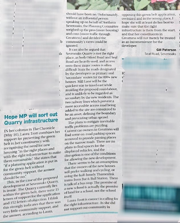 Gill is right. The new town being created in #greatness is simply dumping new homes in a part of sevenoaks which already has poor infrastructure. It will overload GPs, schools, hospitals and roads.