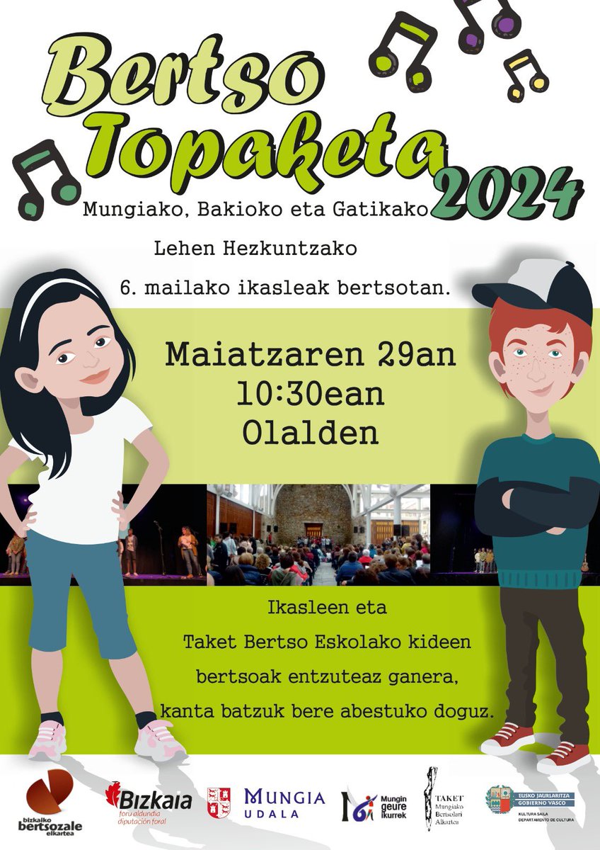 🎵🎉 Mungia, Bakio eta Gatikako ikasleen bertso-topaketa 🎉🎵 
📅 Maiatzak 29
⏰ 10:30
📍Olalde aretoa