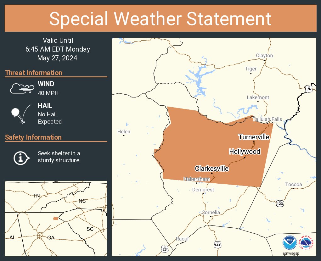 A special weather statement has been issued for Clarkesville GA, Hollywood GA and Turnerville GA until 6:45 AM EDT