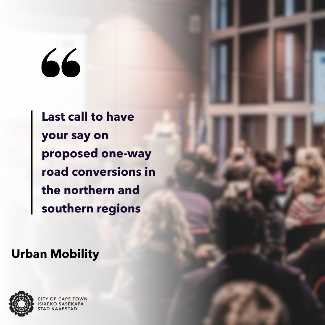 Last chance to comment on proposed one-way road conversions in northern and southern regions. View maps and designs at capetown.gov.za/haveyoursay by 7 June 2024. Submit comments online or via email.

Read more: bit.ly/3VgQ4oI

#CTNews #UrbanMobility