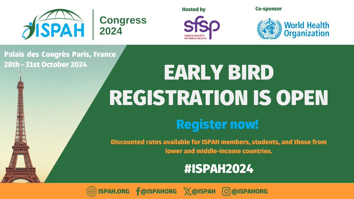 📢 Attention!! #ISPAH2024
 
🏃🏻‍♀️ Early bird registration is now open!! 🔗 buff.ly/452WFpF

@SFSPasso @WHO
