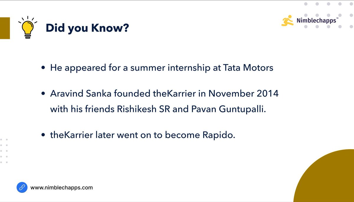 Meet @sankaaravind, the driving force behind @rapidobikeapp. From a summer intern at Tata Motors to co-founding theKarrier, his journey epitomizes entrepreneurship and innovation. #FounderSpotlight #Rapido #Nimblechapps #MobileAppDevelopment #WebsiteDevelopment