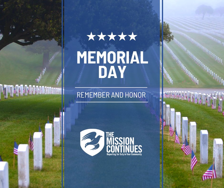 On this Memorial Day, let's take a moment to remember and honor the heroes who gave their lives to protect our freedom. Their selflessness and courage live on through our work here at The Mission Continues. We'll never forget. #MemorialDay #HonorOurFallen
