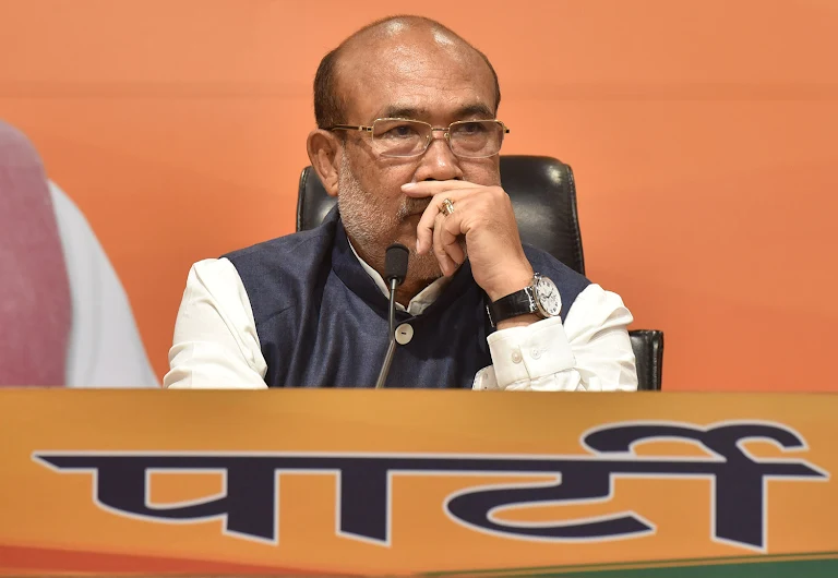 N Biren Singh, the chief minister of Manipur, addresses the media on 1 August 2021, in Delhi. As the tug of war for power between Singh and the BJP high command continues, and organisations like Arambai Tenggol become increasingly influential, the fate of Manipur hangs in the