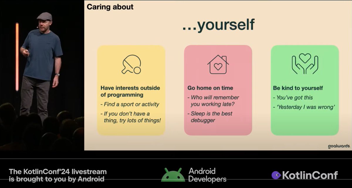 antonarhipov's tweet image. I came a long and bumpy road to this:
- Have interests outside of programming ✅
- Go home on time ✅
- Be kind to yourself 👨‍🔧 - still working on that

Thanks, @tastapod 
#kotlinconf