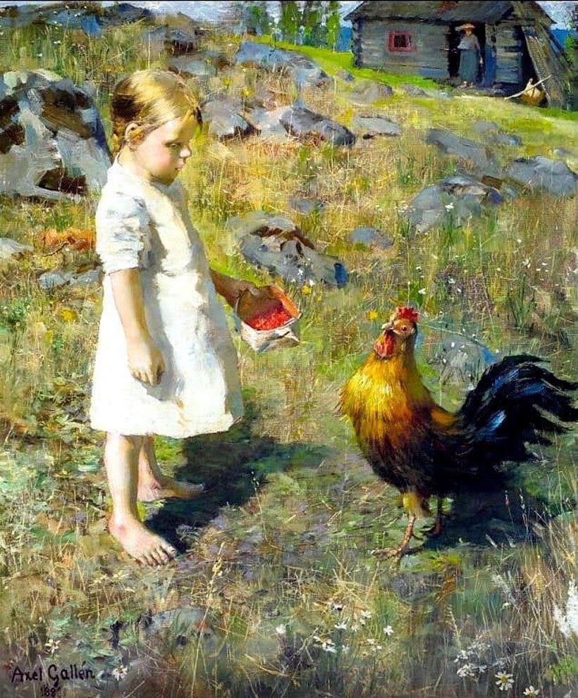 'La niña y el gallo', obra del pintor finlandés Akseli Gallen-Kallela (1865 - 1931).