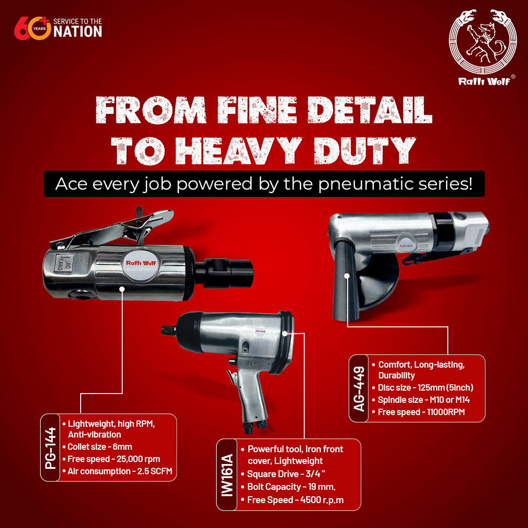 Get angle grinders and power wrenches on the back of 60+ years of industry experience in making India's top power tools.

#ralliwolf #pneumatictools #industrialmachines #drill #powertools