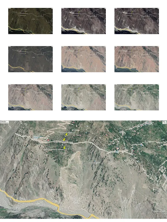 ABOVE: A series of Google Earth views of the Urni landslide between 2004 and 2022. BELOW: The houses of the people @naqshfariyadi met during the research, are marked on a Google Earth image, to indicate their proximity to the landslide-prone area. caravanmagazine.in/environment/ki…