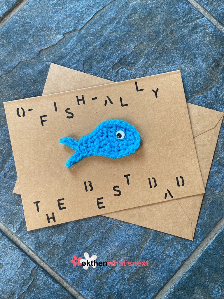 🐠Back in stock 🐠 in my #Etsy shop for Father's Day a puntastic card to tell your dad you think he’s o-fish-ally the best dad 😉 - Available in my Etsy shop okthenwhatsnextcraft.etsy.com #earlybiz #crochet #elevenseshour