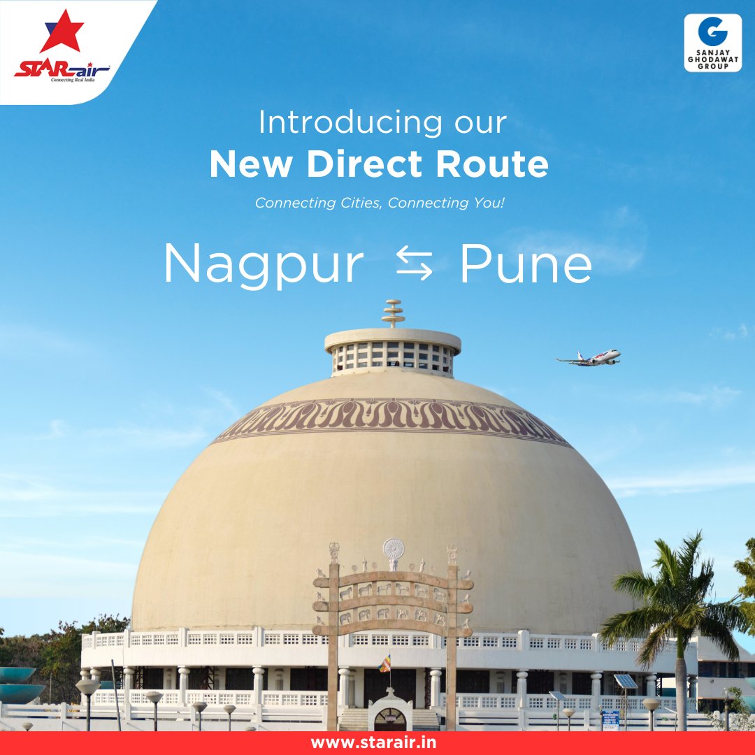 Traveling between Nagpur and Pune has just become easier with our new direct route starting on May 28, 2024.  
Experience an ultimate convenient journey with Star Air.
#Nagpur #Pune #StarAir #ConnectingRealIndia #SanjayGhodawatGroup