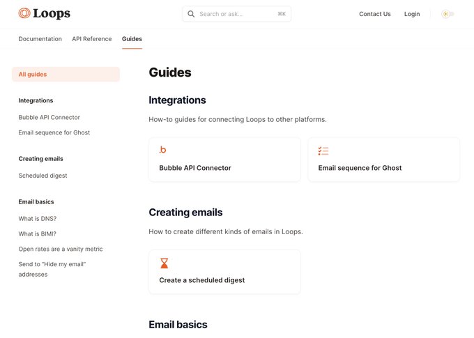 We're forever improving and evolving our docs at @loops.  We just added a new Guides section ✨  Lots