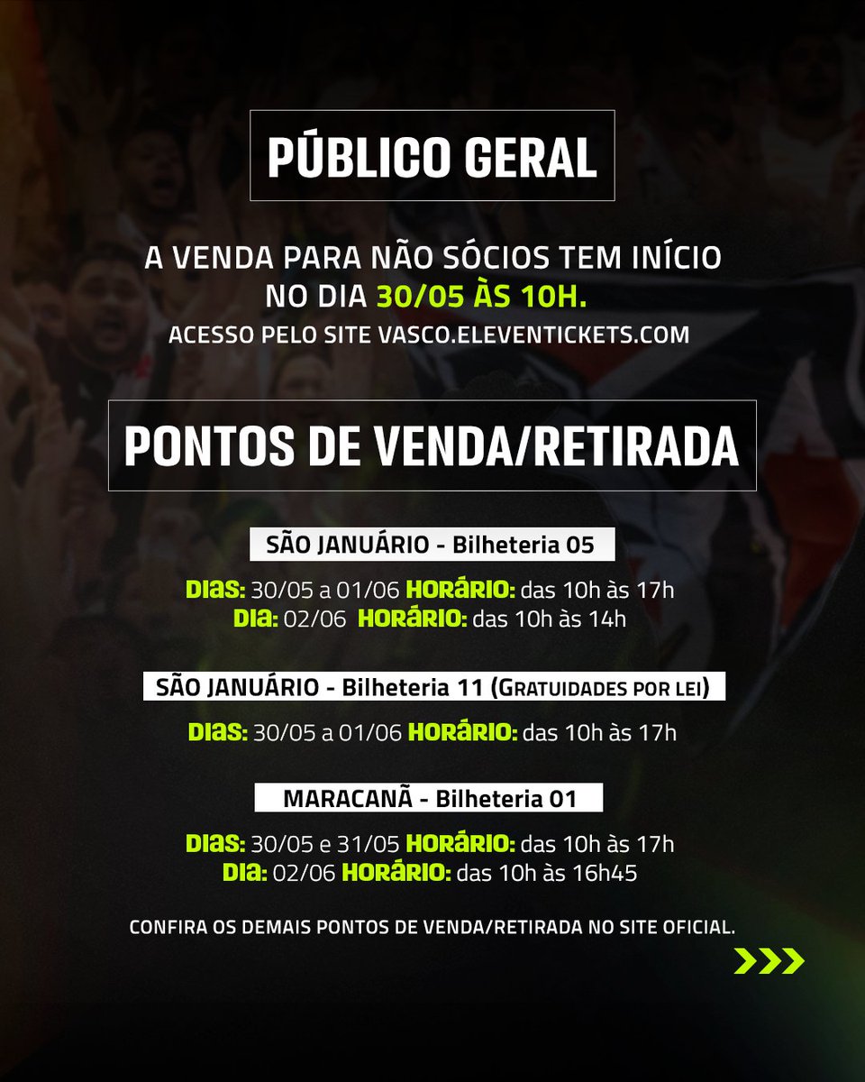 Informações sobre os ingressos para VASCO x Flamengo ⤵️ mla.bs/ed0db17d ⏰ Abertura da venda dos ingressos: 27/05, às 10h. #SejaUmGigante #VascoDaGama