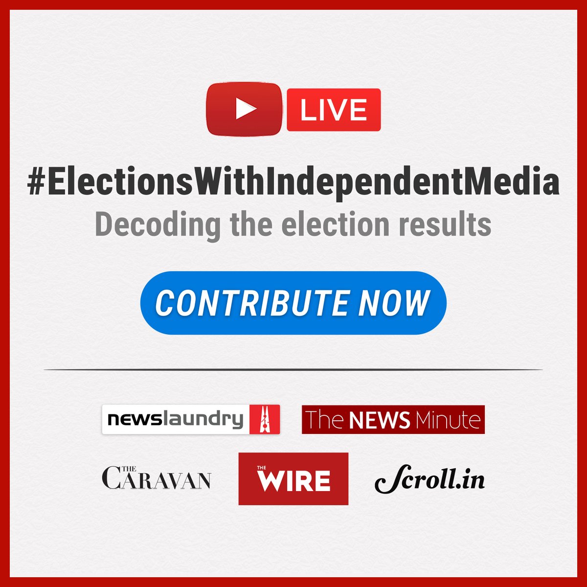 #ElectionsWithIndependentMedia | 7 phases. 2 months. 543 seats. All the news & analysis you'll need with @thecaravanindia, @newslaundry, @thenewsminute, @scroll_in and @thewire_in. Join us in fostering an informed electorate, contribute now! 🔗newslaundry.com/electionslive