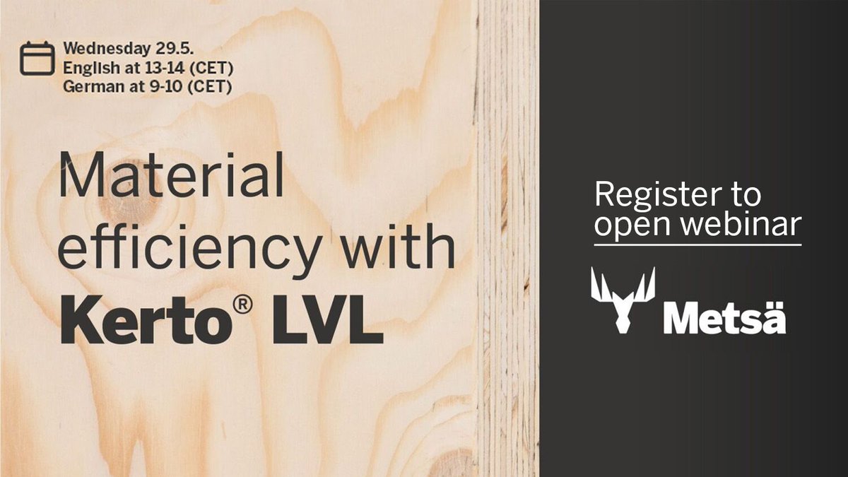 You can still register to our webinar to learn more of the possibilities of material-efficient and sustainable wood construction with Kerto® LVL. See you on Wednesday 29.5.! ⏲️Time: in English at 13-14 (CET) and in German at 9-10 (CET) bit.ly/3UO6WSa