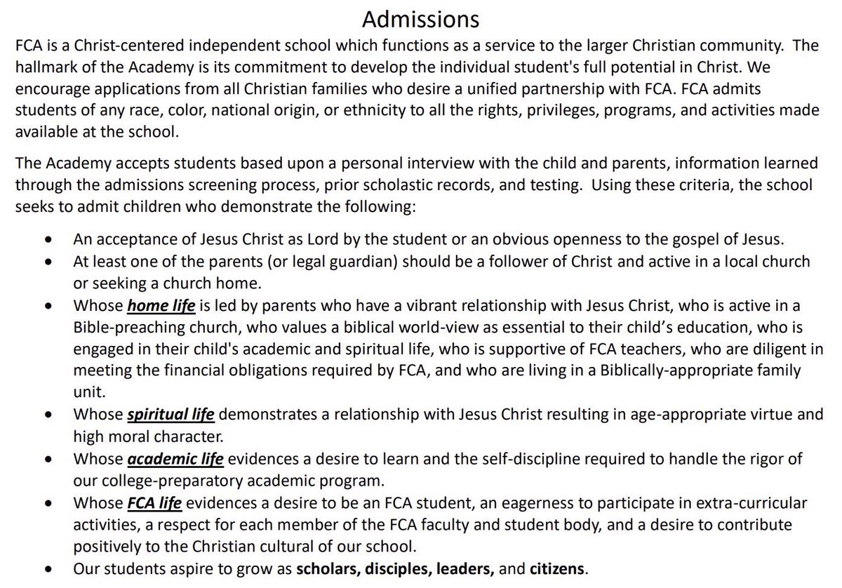 Freedom Christian Academy in Fayetteville, NC got >$1.2 million for vouchers this year.

They only take students whose parents have a "vibrant relationship with Jesus Christ" and who demonstrate "a desire to learn."

This institution shouldn't get public dollars. #nced #ncpol