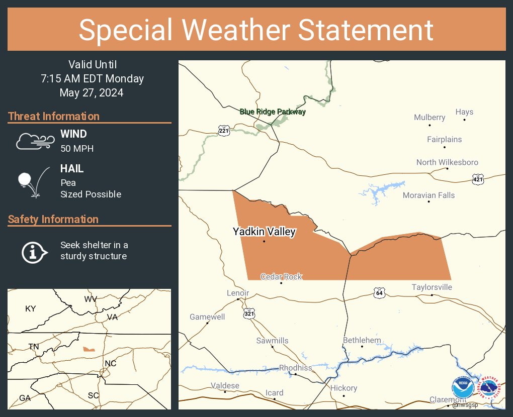 A special weather statement has been issued for Yadkin Valley NC until 7:15 AM EDT