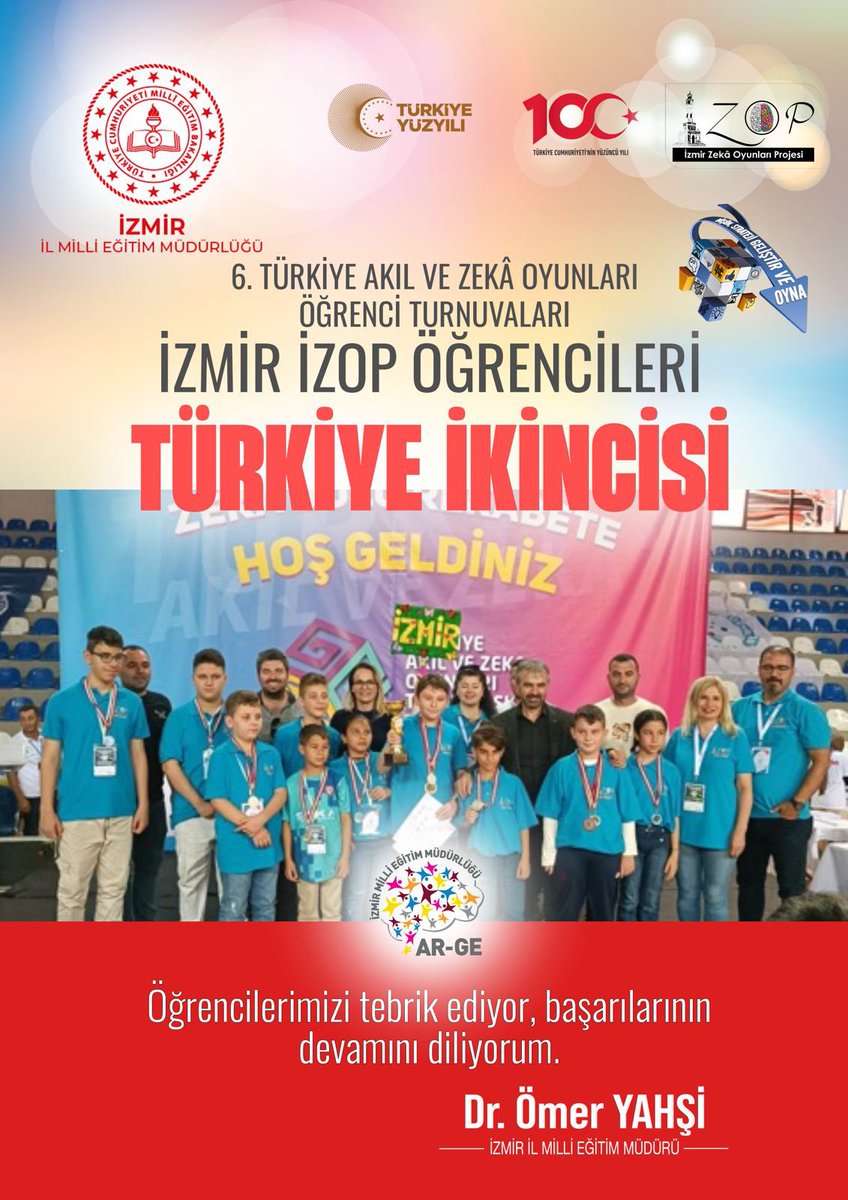 📍6. Türkiye Akıl ve Zekâ Oyunları Turnuvasında İzmir ilimiz İzmir Akıl ve Zekâ Oyunları Projesi ( İZOP) öğrencileri Türkiye Takım İkincisi olmuştur. 

Öğrencilerimizi tebrik eder, başarılarının devamını dileriz.

<a href="/tcmeb/">Millî Eğitim Bakanlığı</a> 
<a href="/Yusuf__Tekin/">Yusuf Tekin</a> 
<a href="/drsuleymanelban/">Dr. Süleyman Elban</a> 
<a href="/yahsiomer/">Dr. Ömer YAHŞİ</a>