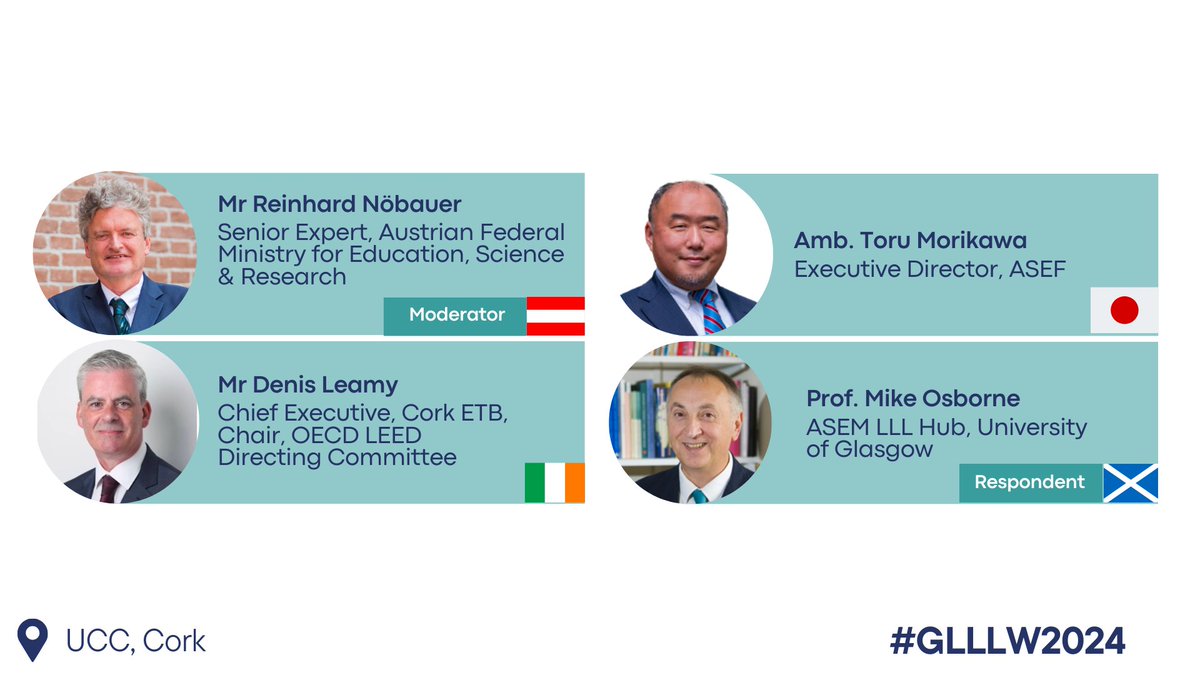 We're looking forward to part 2 of our panel this morning, moderated by Reinhard Nöbauer feat. Amb. Toru Morikawa <a href="/aseforg/">Asia-Europe Foundation</a>, <a href="/DenisLeamy/">Denis Leamy</a> <a href="/CorkETB/">CorkETB🇮🇪🇪🇺</a> and <a href="/michaeljosborne/">Michael Osborne</a> <a href="/UofGlasgow/">University of Glasgow</a> who will discuss 'Key Policy Imperatives for International Lifelong Learning'

#GLLLW2024 #ASEMLLLHub