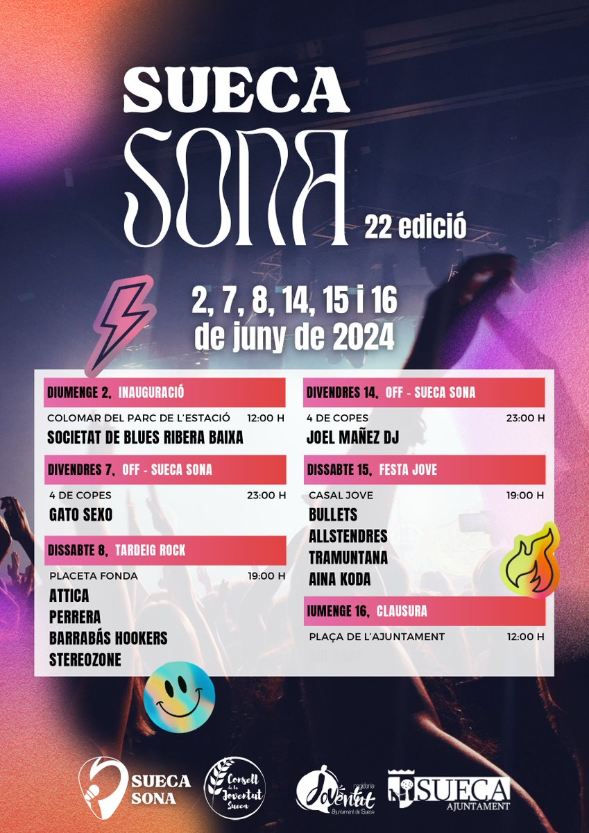 🎙️ 𝗦𝗨𝗘𝗖𝗔 𝗦𝗢𝗡𝗔 𝟮𝟬𝟮𝟰 🎙️

Amb les actuacions de 🎙️<a href="/bullets_band/">The Bullets</a> <a href="/stereozone/">Stereozone</a> <a href="/aina/">Aina</a>.koda <a href="/allstendres/">Jose Maria Avia</a> i molts mès 👏🏻

Aquest any es celebrarà 🗓️ els dies 2, 7, 8, 14, 15 i 16 de juny en distints llocs de Sueca. Pots consultar horaris i ubicacións a la imatge.