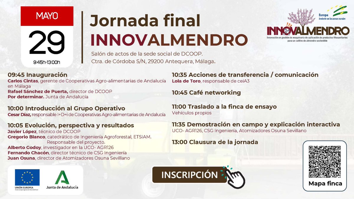 Este miércoles 29 de mayo se celebra la jornada final #INNOVALMENDRO con una 🧑‍🌾demostración en campo @GrupoDcoop @Univcordoba @cei_A3 @OsunaSevillano @eucapnetwork 🖱️Inscríbete en: innovalmendro.es