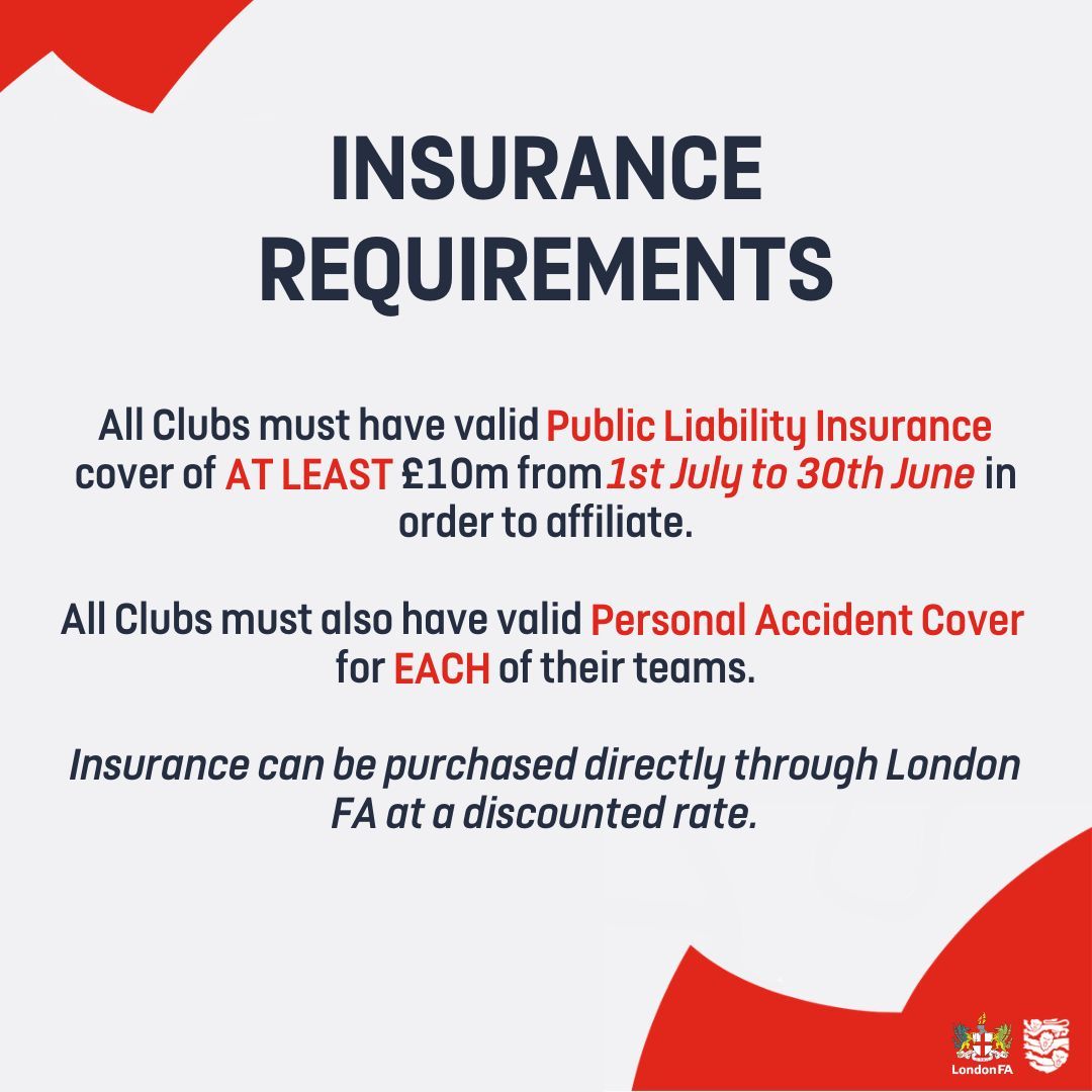 INSURANCE REQUIREMENTS | In order to affiliate your club, you will require Public Liability Insurance and Personal Accident Insurance. 📄 Both can be purchased through us via your Club Portal. If you have any questions regarding insurance, contact affiliations@londonfa.com 📥